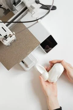 A desktop 3D printer and a white low-poly bunny on the printer, along with .. Stock Photos