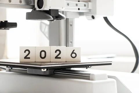 Desktop 3D printer on a white background and the year 2026 on cubes. Modern t Stock Photos