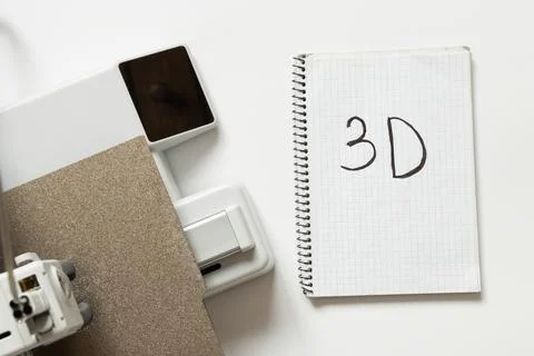 Desktop 3D printer on white background and notebook with 3D inscription, ad.. Stock Photos