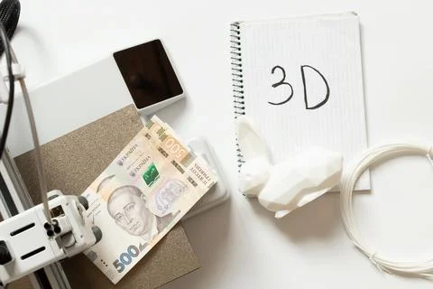 A desktop 3D printer, a white low-poly rabbit, Ukrainian currency worth 500 h Foto stock
