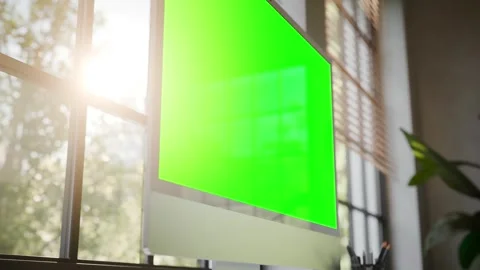 Desktop All in One Computer Green Screen Mockup in Bright Modern Office - P.. Stock Footage 340780246