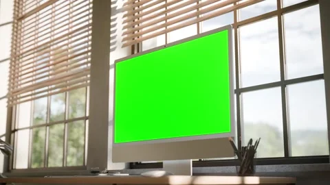 Desktop All in One Computer Green Screen Mockup in Bright Modern Office - P.. Stock Footage 340780248