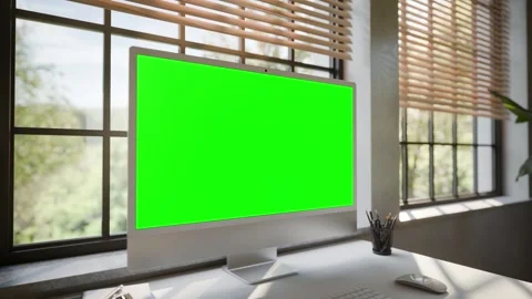 Desktop All in One Computer Green Screen Mockup in Bright Modern Office - P.. Stock Footage 340780249