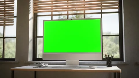 Desktop All in One Computer Green Screen Mockup in Bright Modern Office - Orb Stock Footage 340780256