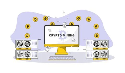 Desktop and graphic cards mining process cryptocurrencies with bitcoin coins 스톡 일러스트