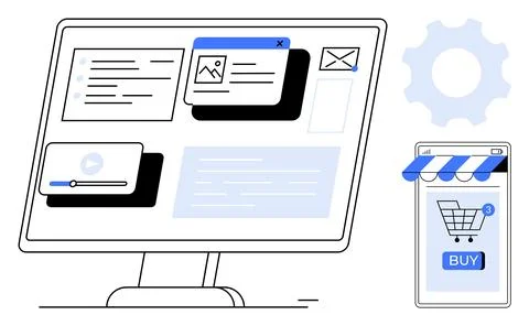 Desktop and Mobile E-Commerce Interface with Screens and Shopping Cart App Stock Illustration