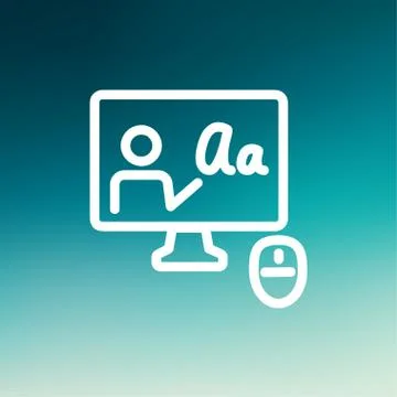 Desktop and mouse in online tutorial thin line icon Stock Illustration