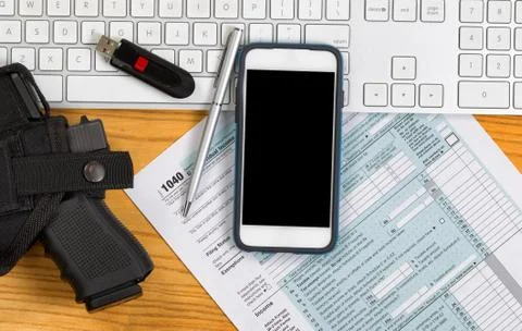 Desktop with audit equipment Stock Photos