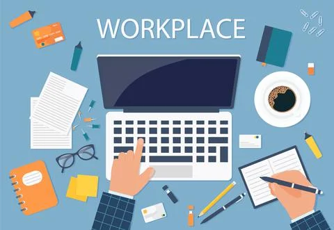Desktop background of management and IT workplace. Top view of a table, lapto Illustrazione stock
