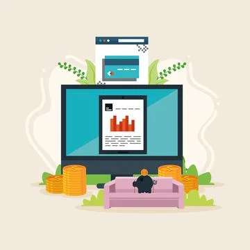 Desktop with banking software 스톡 일러스트