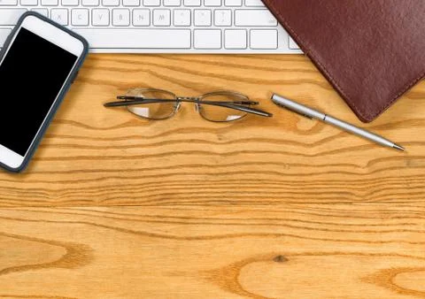 Desktop with basic items for working in office Stock-Fotos