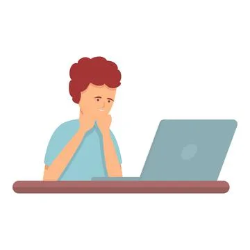 Desktop boy learning icon cartoon vector. Computer kid 스톡 일러스트