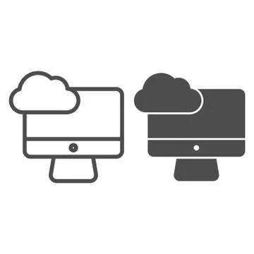 Desktop cloud computing line and glyph icon. Synchronize cloud on pc vector Stock Illustration