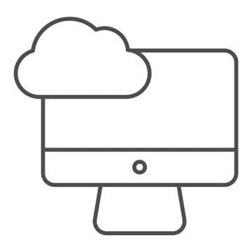 Desktop cloud computing thin line icon. Synchronize cloud on pc vector Illustrazione stock