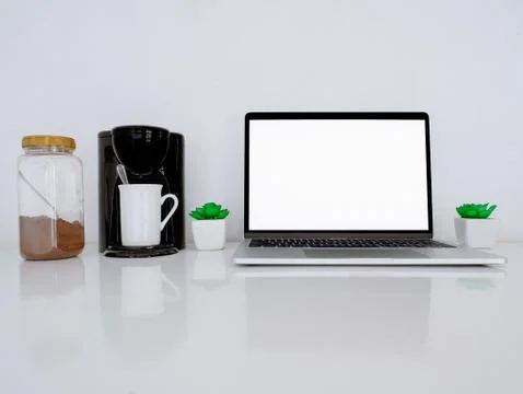 Desktop Coffee Maker with Laptop Stock Photos