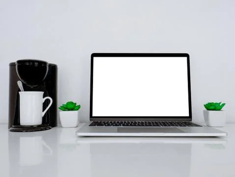Desktop Coffee Maker with Laptop Stock Photos