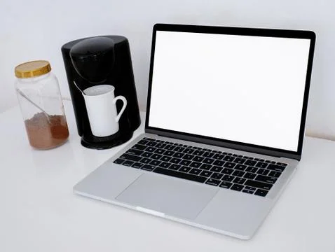 Desktop Coffee Maker with Laptop Stock Photos