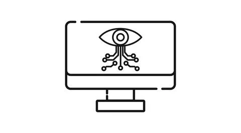 Desktop computer with AI circuit eye scanner symbol イラスト素材