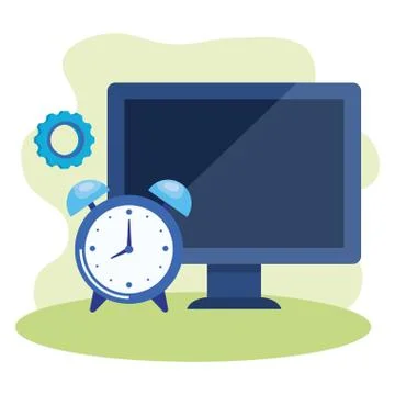 Desktop computer with alarm clock Illustrazione stock