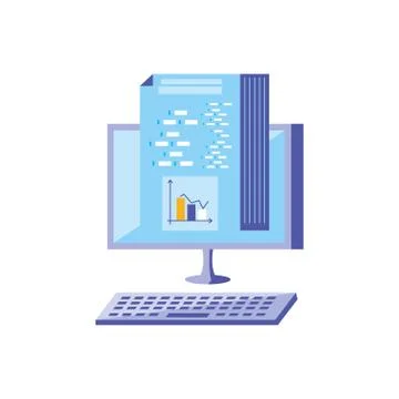 Desktop computer and document with statistical graphics Stock Illustration