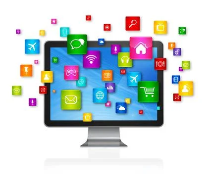 Desktop Computer and flying apps icons 3D TV, Desktop Computer with flying... Stock Photos