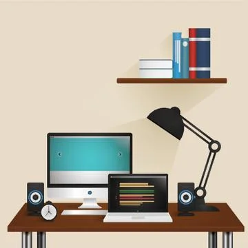 Desktop Computer And Laptop On A Working Table Stock Illustration