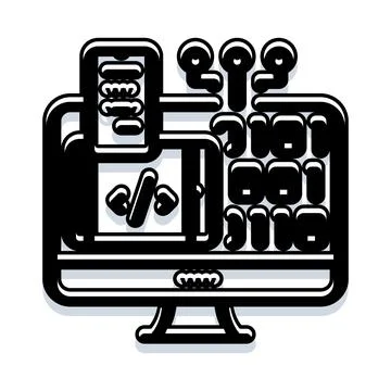 Desktop computer and mobile phone displaying coding 库存插图