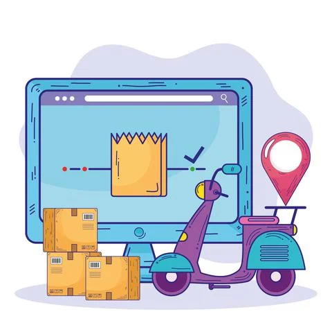 Desktop computer and motorcycle delivery service Stock Illustration