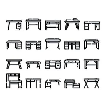 Desktop computer and office desk line icon set 스톡 일러스트
