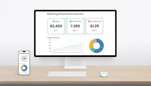 Desktop computer and smartphone displaying marketing performance dashboard .. 스톡 사진