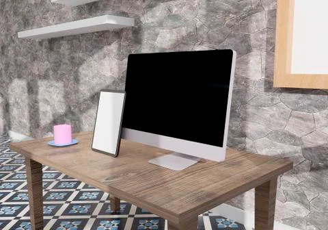 Desktop computer , and tablet 3d rendering mockup .3d illustration Stock Illustration