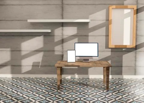 Desktop computer , and tablet 3d rendering mockup .3d illustration Stock-Illustration