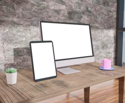 Desktop computer , and tablet 3d rendering mockup .3d illustration Stock Illustration