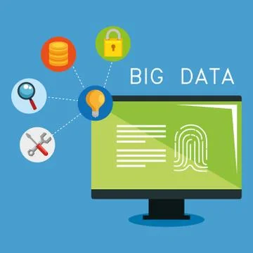 Desktop computer with big data icons 스톡 일러스트