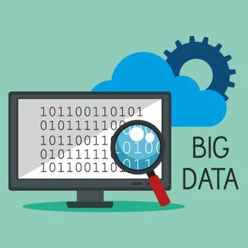 Desktop computer with big data icons Illustrazione stock
