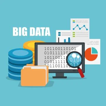 Desktop computer with big data icons Stock Illustration
