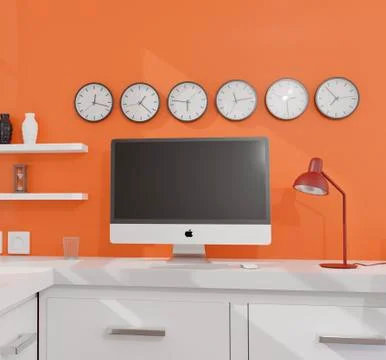 Desktop computer with black screen on the table of the office mockup 3d rende Stock Illustration