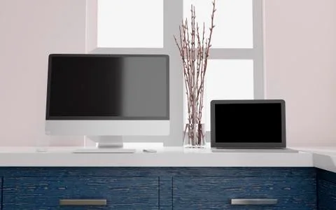 Desktop computer with black screen on the table of the office mockup 3d rende イラスト素材