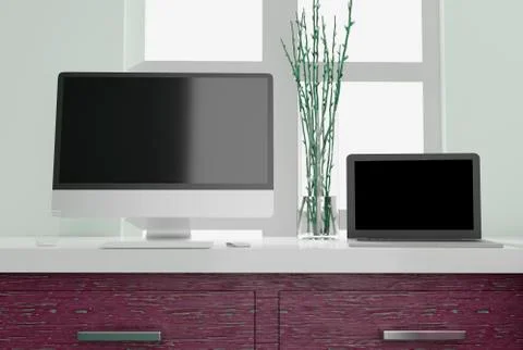 Desktop computer with black screen on the table of the office mockup 3d rende Illustrazione stock