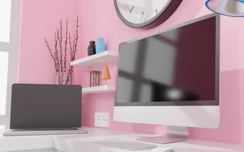 Desktop computer with black screen on the table of the office mockup 3d rende イラスト素材
