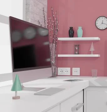 Desktop computer with black screen on the table of the office mockup 3d rende 스톡 일러스트