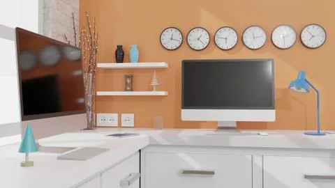 Desktop computer with black screen on the table of the office mockup 3d rende イラスト素材