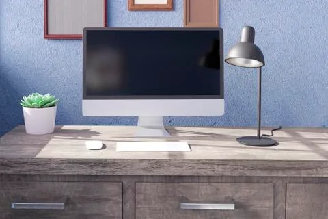 Desktop computer with black screen on the table of the office mockup 3d rende イラスト素材