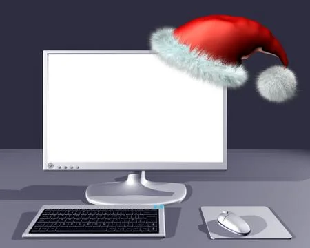 Desktop computer with blank screen and christmas hat Stock Illustration