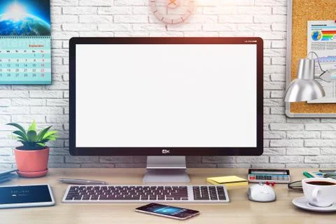Desktop computer with blank screen in modern workspace Illustrazione stock