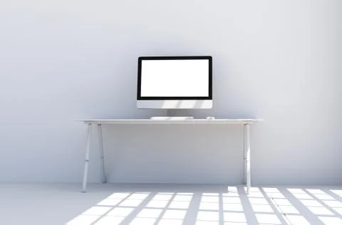 Desktop computer with blank screen on table . 3D Renrering Stock Photos