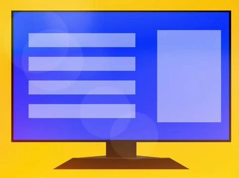 Desktop computer with a blue screen displaying a web page layout on a yello.. Illustrazione stock