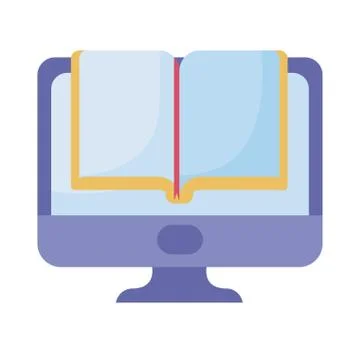 Desktop computer with book on white background Illustrazione stock