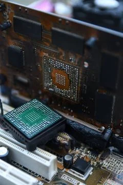 Desktop Computer Burned Damage after fire Burning CPU GPU video card, memory, Stock Photos