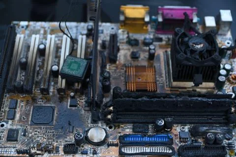 Desktop Computer Burned Damage after fire Burning CPU GPU video card, memory, Stock Photos